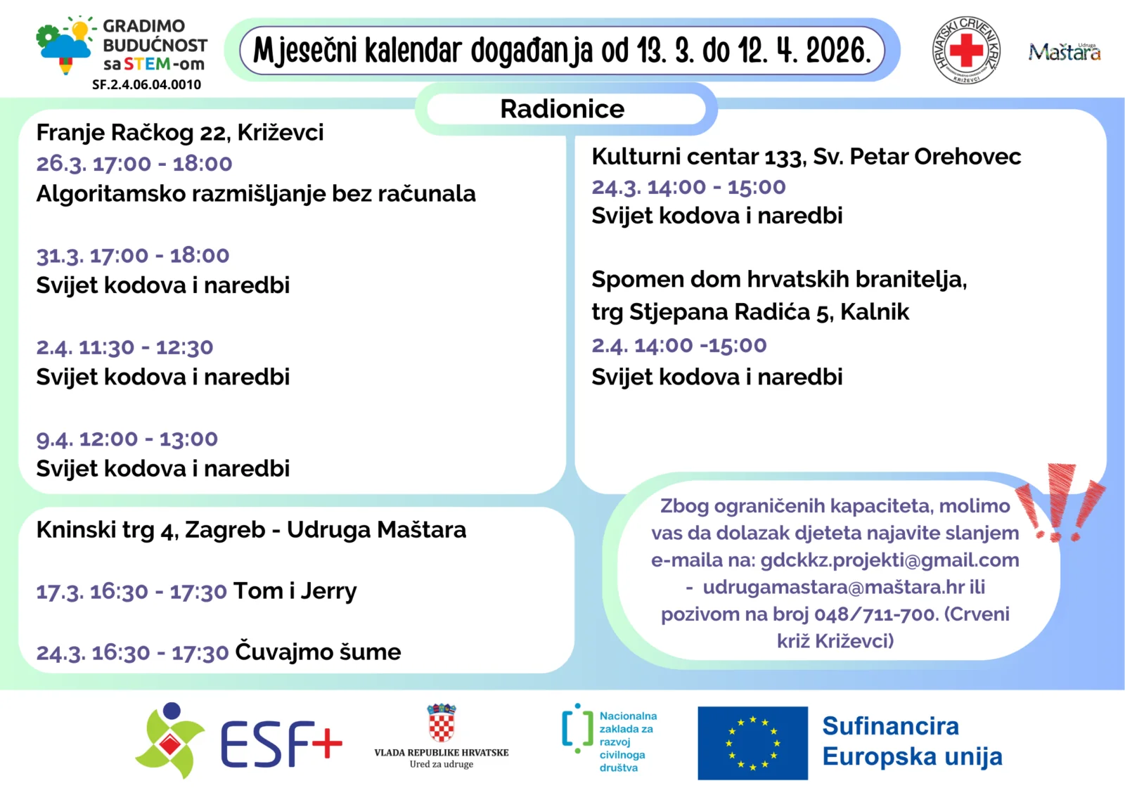 Mjesečni kalendar aktivnosti od 13.3. do 12.4. 2026. - Crveni križ - Križevci 