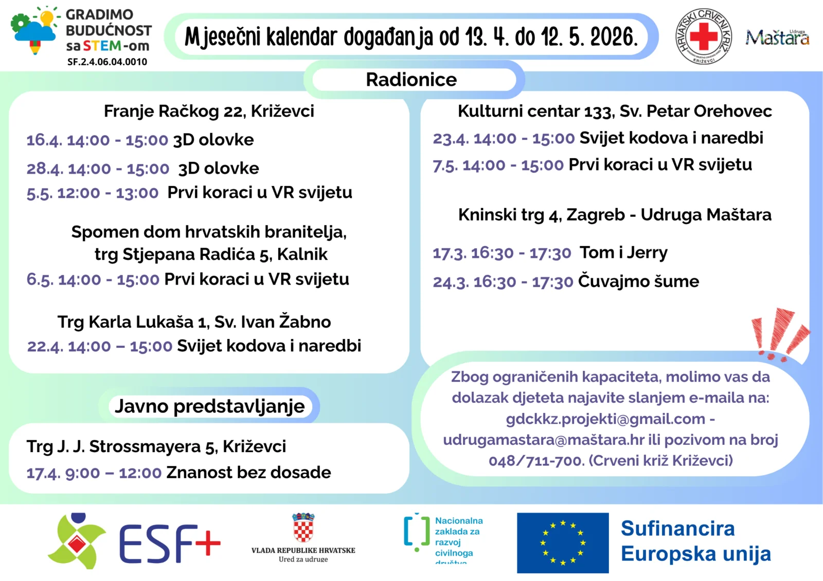 Gradimo budućnost sa STEM-om – Mjesečni kalendar aktivnosti od 13.4. do 12.5.2026. - Crveni križ - Križevci 
