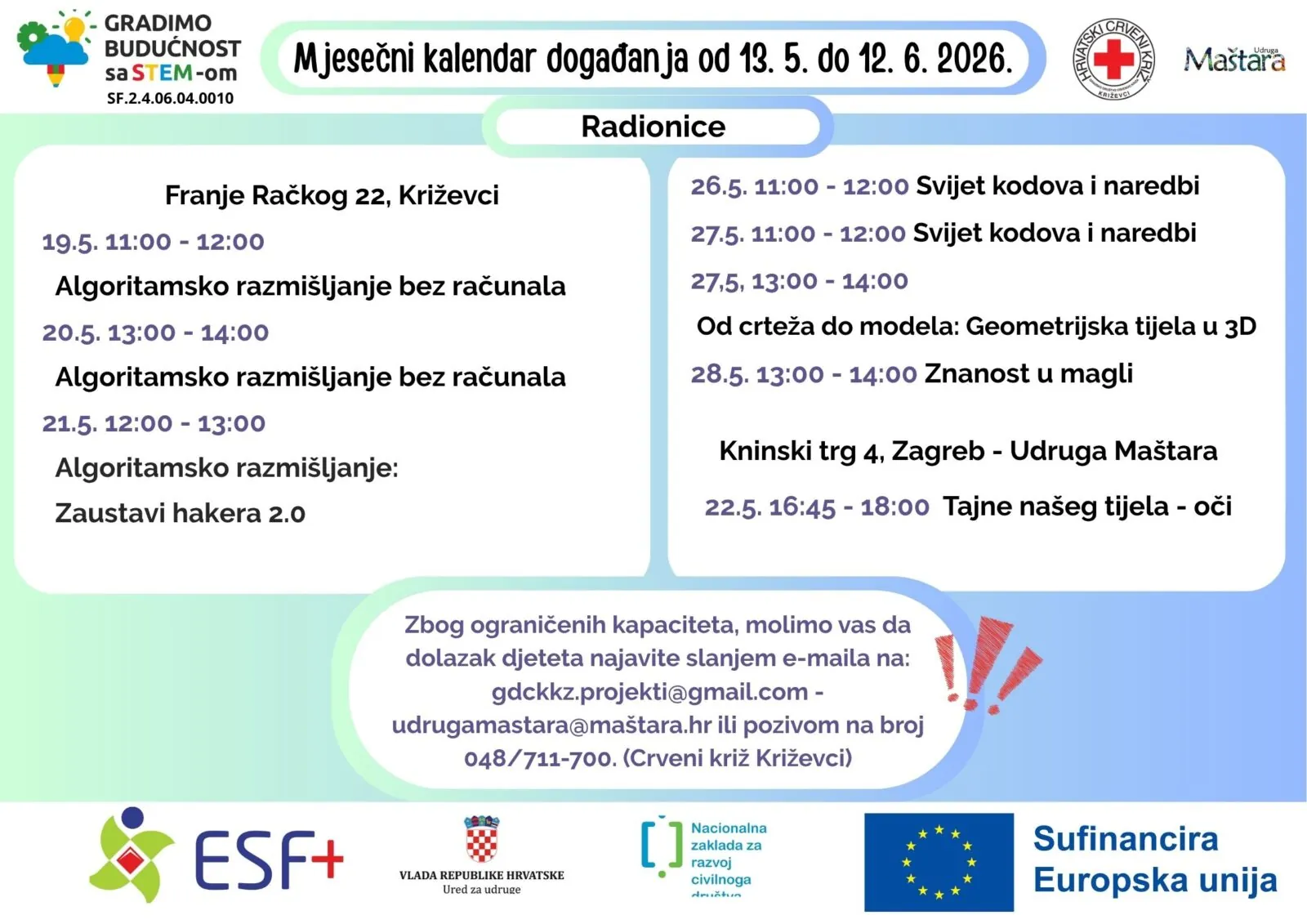 Gradimo budućnost sa STEM-om – Mjesečni kalendar aktivnosti od 13.5. do 12.6.2026. - Crveni križ - Križevci 