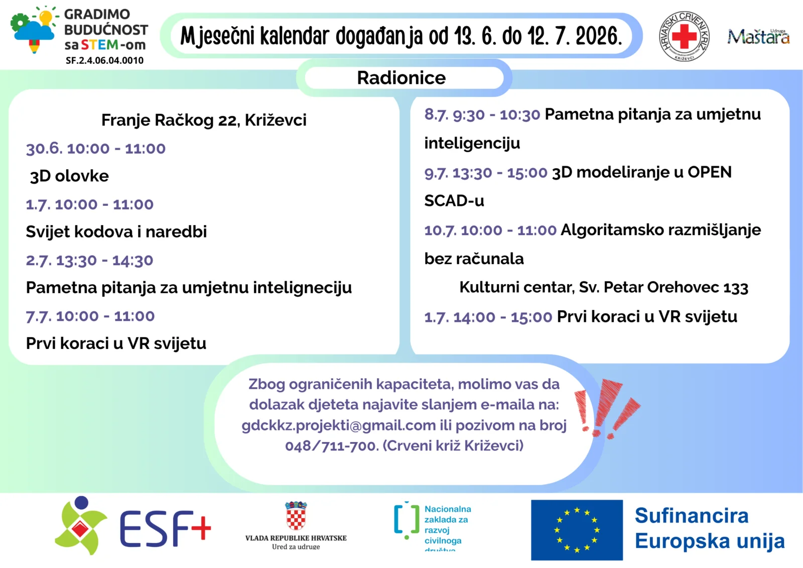 Mjesečni plan aktivnosti od 13.6. do 12.7.2026. – Gradimo budućnost sa STEM-om - Crveni križ - Križevci 