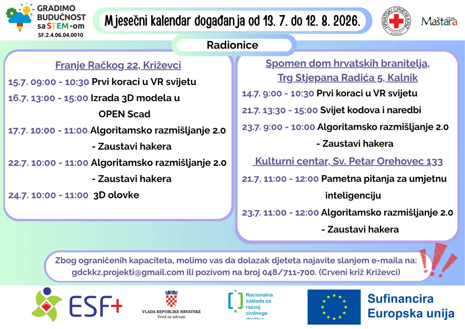 Mjesečni plan aktivnosti od 13.7. do 12.8.2026. – Gradimo budućnost sa STEM-om - Crveni križ - Križevci 