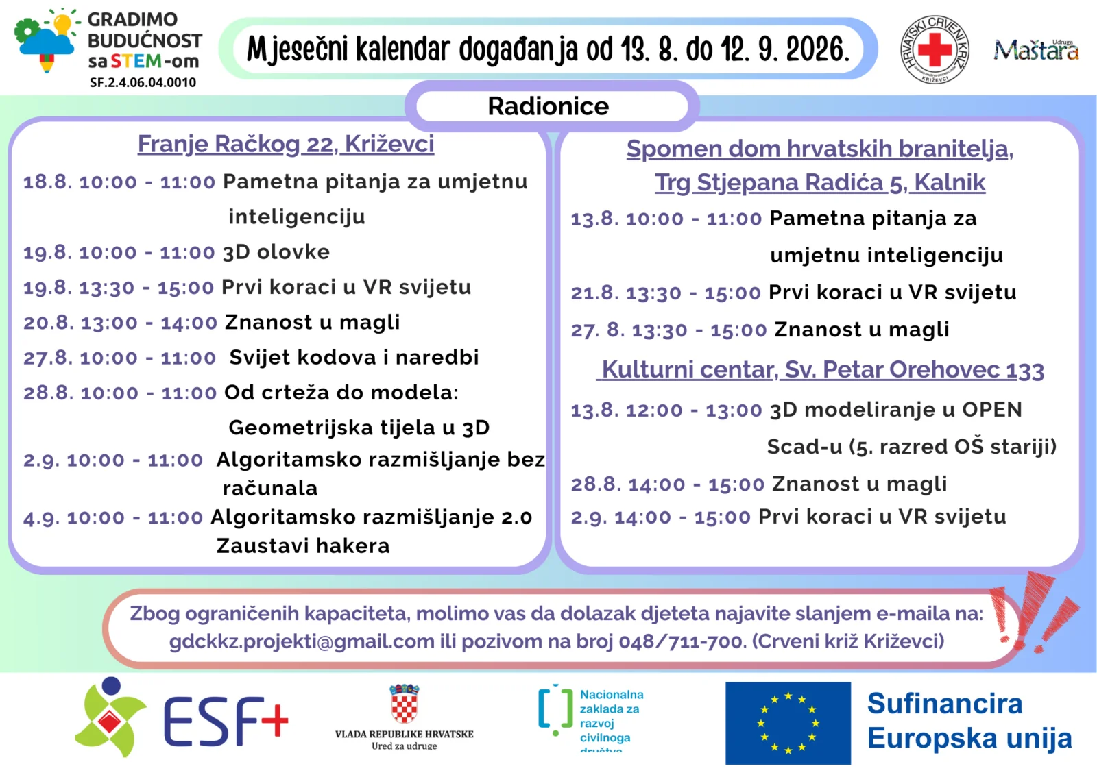 Mjesečni plan aktivnosti za razdoblje od 1.8. do 1.9.2026. – Gradimo budućnost sa STEM-om - Crveni križ - Križevci 