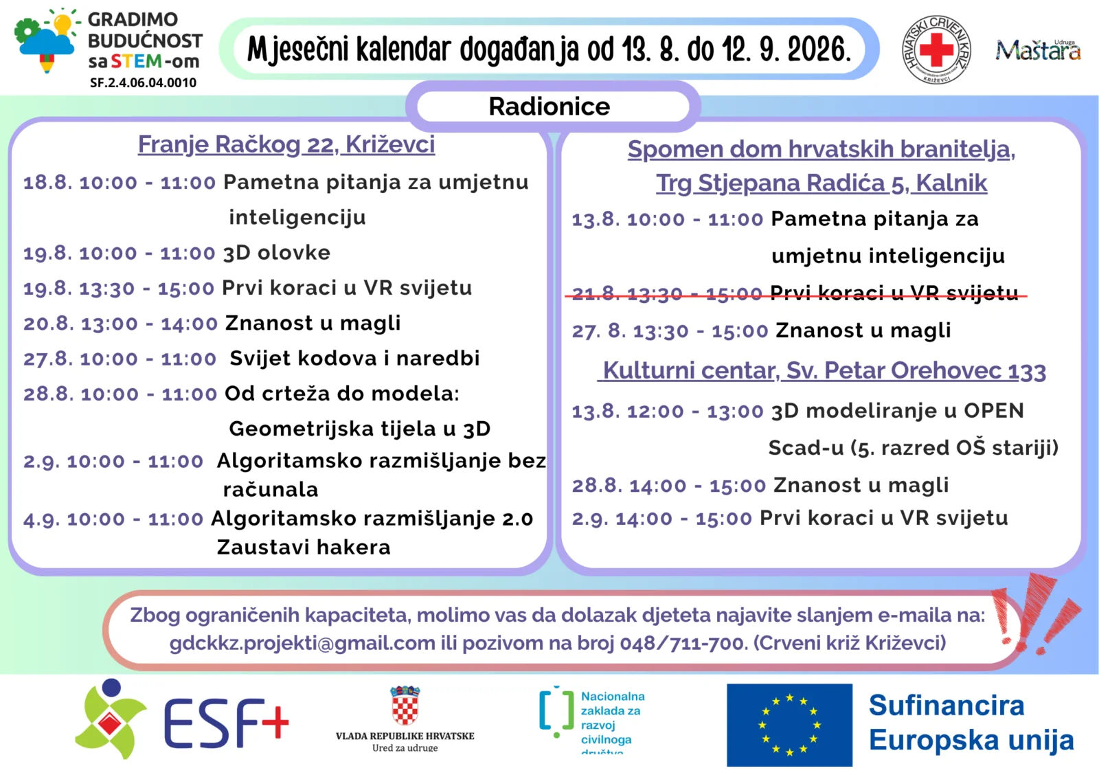 Mjesečni plan aktivnosti za razdoblje od 13.8. do 12.9.2026. – Gradimo budućnost sa STEM-om - Crveni križ - Križevci 