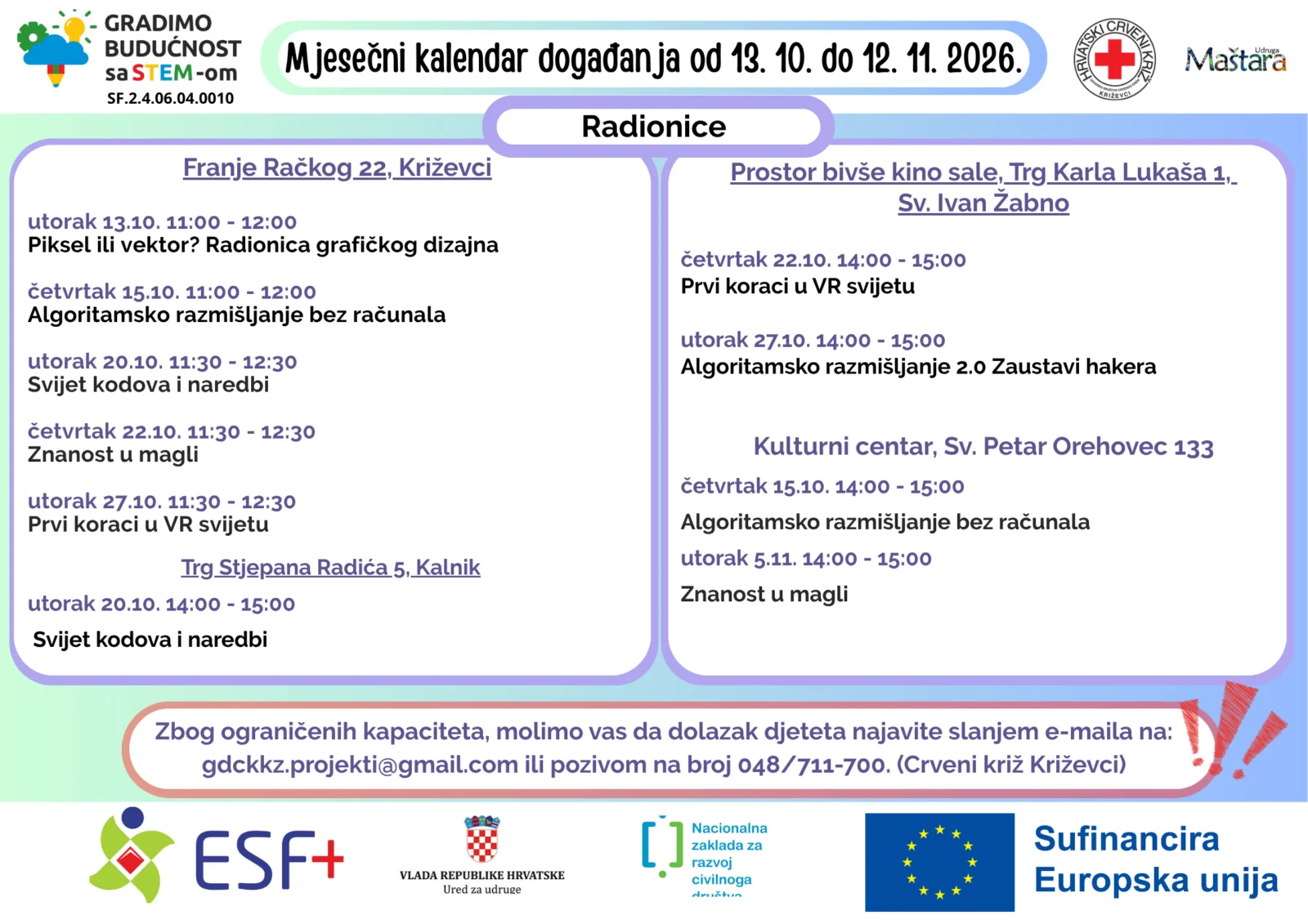 Mjesečni plan aktivnosti za razdoblje od 13.10. do 12.11.2026. – Gradimo budućnost sa STEM-om - Crveni križ - Križevci 